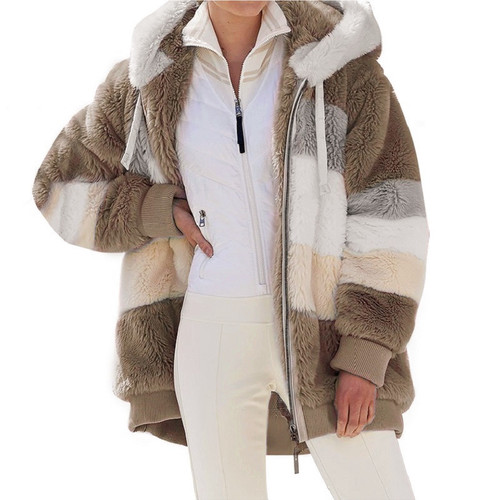 Popular European and American autumn and winter warm plush patchwork zipper pocket hooded loose jacket for women