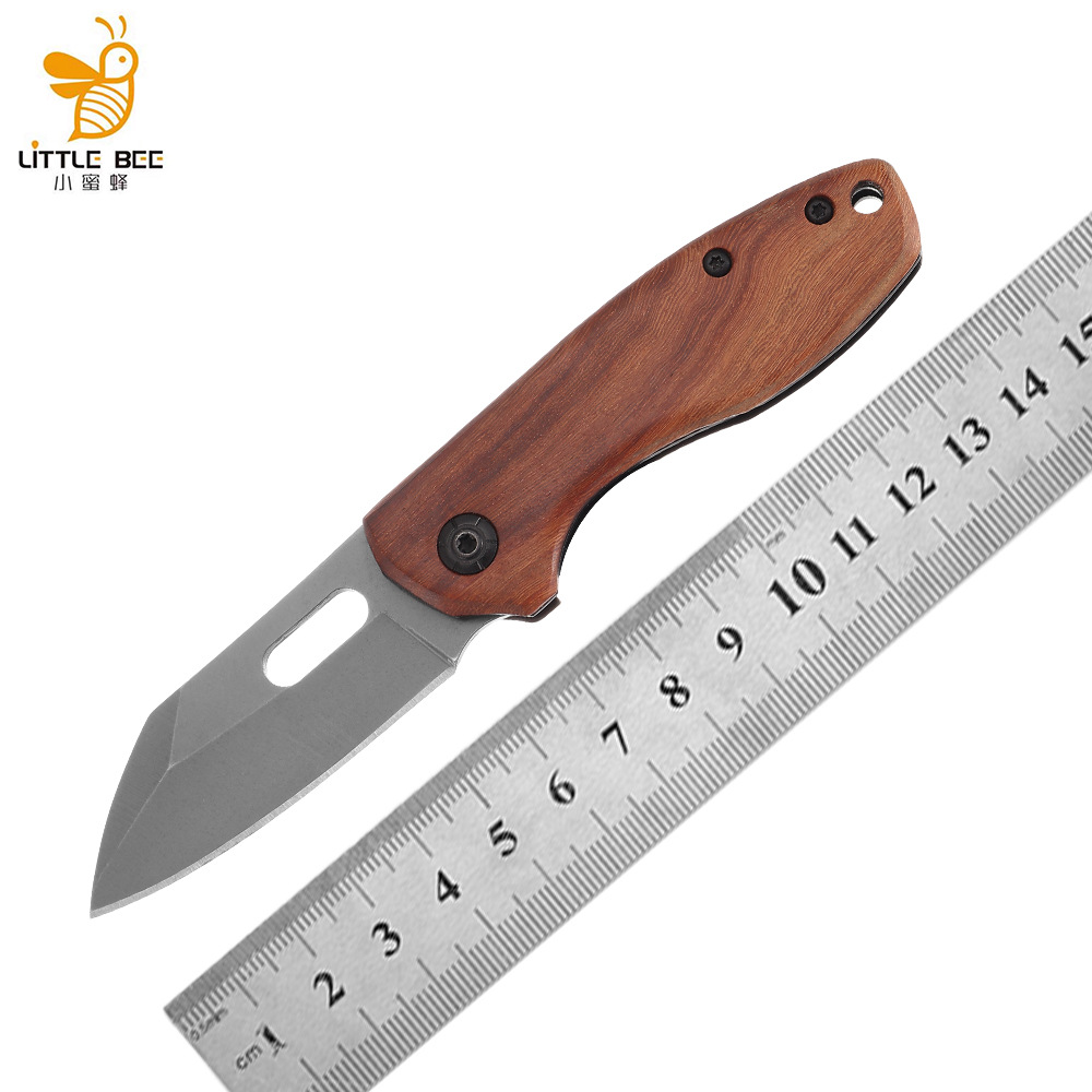 不锈钢迷你折叠小刀随身木柄水果红檀木柄户外露营刀具便携口袋刀