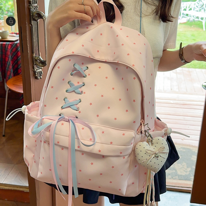 New Style Junior High School Girls' Girly Vibe Polka Dot Large-Capacity School Bag, Versatile and Stylish Backpack for Female Students