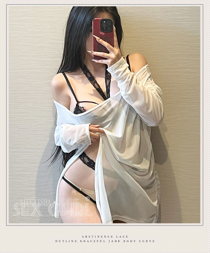 Women’s See-Through Mesh Lingerie Set, Off-Shoulder Halter Neck Three-Piece Plus-Size Nightgown — detail image 3