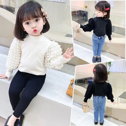 Girls' bottoming shirt 2024 spring new white T-shirt top puff sleeves round neck medium and large children's clothing girls fashionable