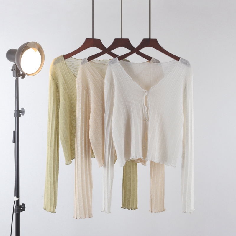 Ice Silk sunscreen knitted cardigan women's thin wooden ear design summer shawl outer matching sling short top