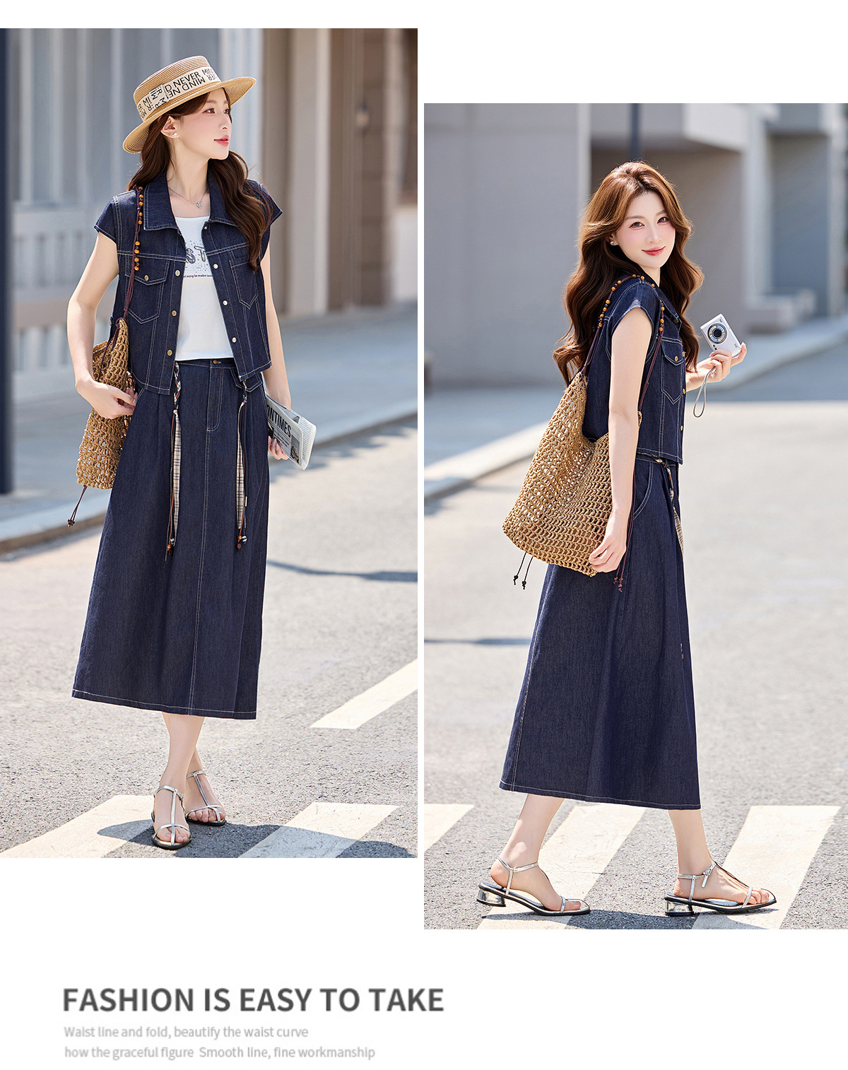 Bộ váy denim ba mảnh gồm áo khoác vest không tay, áo hai dây và chân váy midi — Màu ảnh chi tiết 19