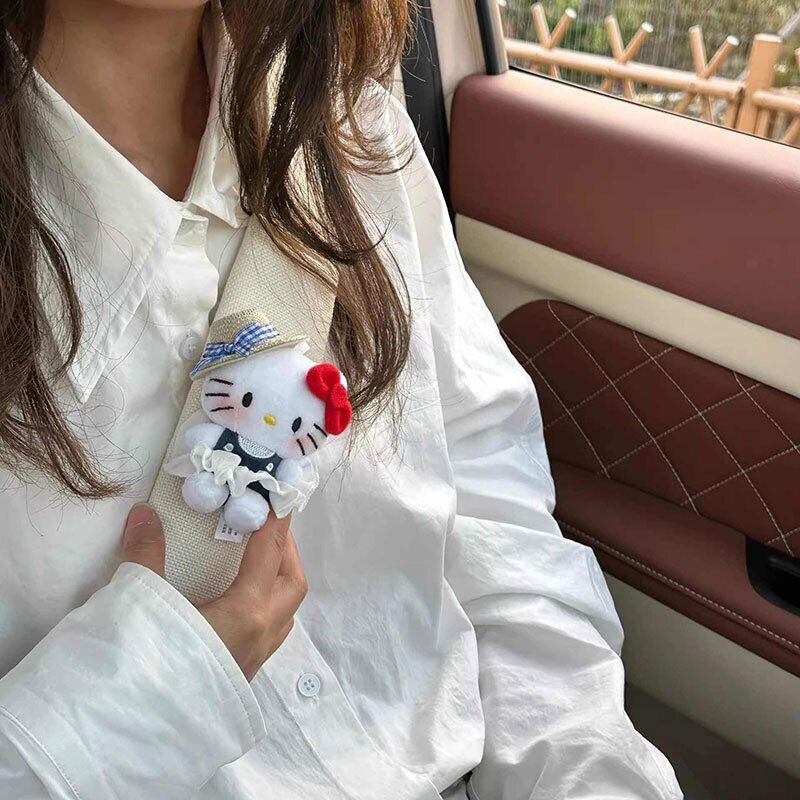 Cute Straw Hat Kitty Cat Safety Belt Shoulder Cover Spring Outing Doll Car Interior Decoration High-End Female