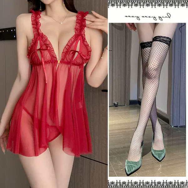 Red Nightdress + T Pants + Black Net Stockings