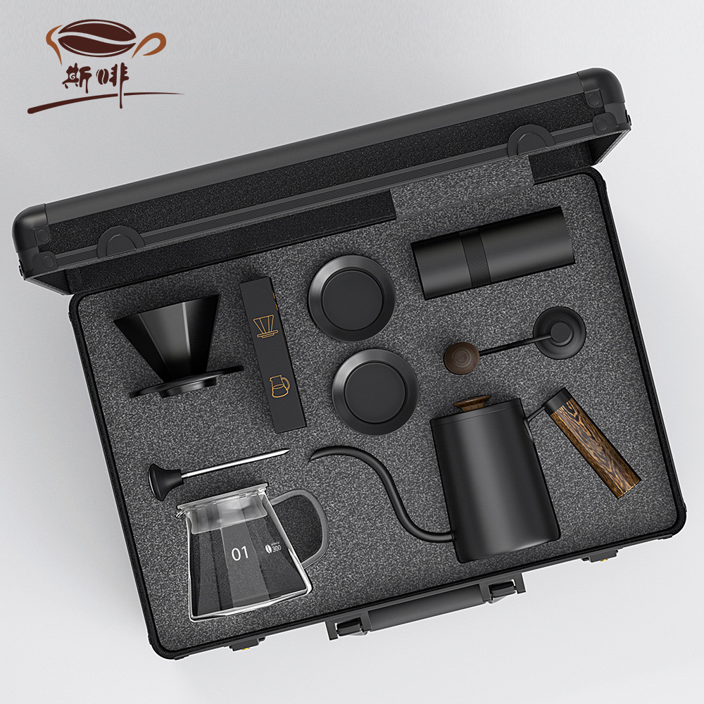 Sfei-caja de aluminio portátil para viajes al aire libre, molinillo de café, olla para preparar café a mano, filtro de goteo para acampar, juego de café para preparar a mano, caja de regalo