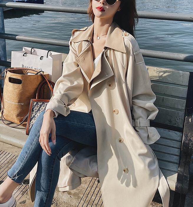 Áo khoác trench coat nữ dáng dài trung bình, form rộng, cổ vest, tay dài, phong cách thanh lịch — Màu be (chất lượng cao cấp) chi tiết 16