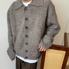 复古翻领休闲宽松加厚翻领开衫针织衫毛衣男秋冬新款情侣上衣外套