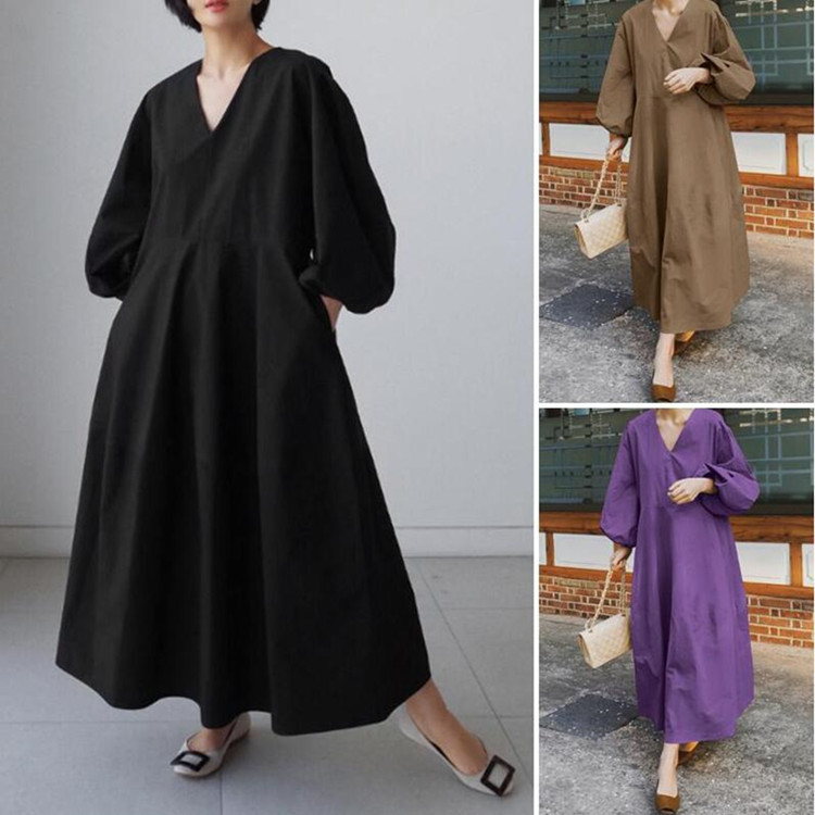 Retro Pure Color Coat, Maxi Dress, Women's Sun Puff Sleeve Loose V-Neck Robe