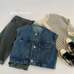 麦宝子供馬甲2025春デニム服復古風ノースリーブコート