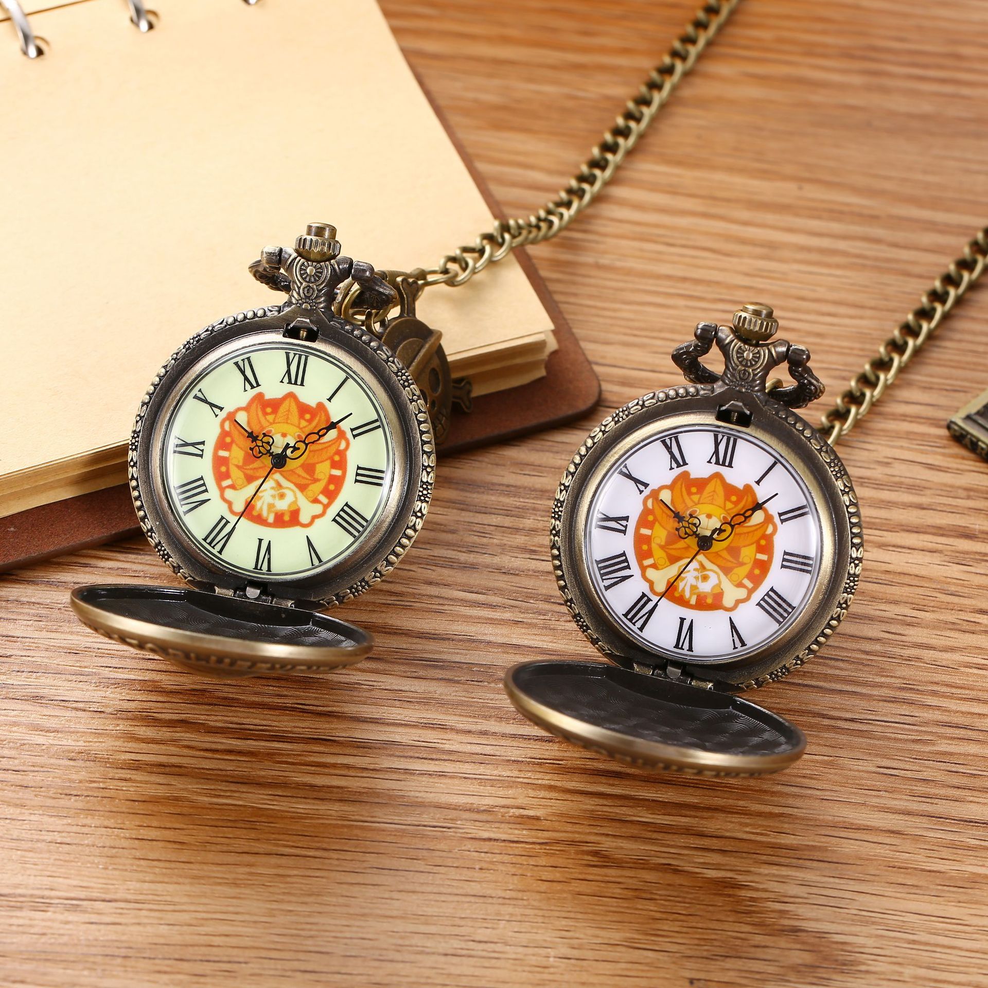 One Piece Retro Pocket Watch + Bronze Skull Pendant Creative Flip Necklace Old-Fashioned Pocket Watch Factory Direct Sale
