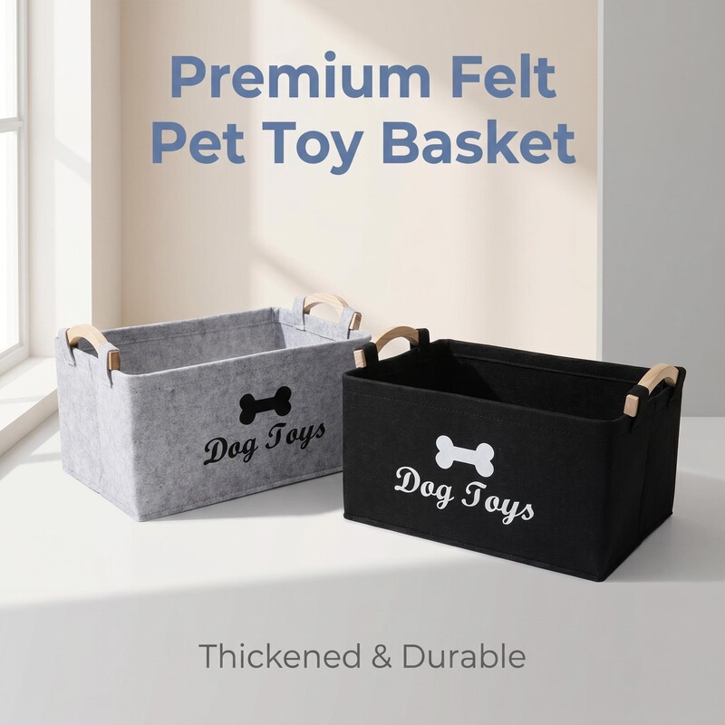 Cross-Border Pet Storage Basket, Thick Felt Storage Basket with Wooden Handle, Customizable Pet Supplies Organizer Basket