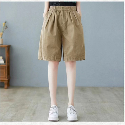 Cotton Summer Large Women's Outerwear High-Waisted Thigh-Covering Slimming Versatile Loose Five-Finger Casual Wide Leg Shorts