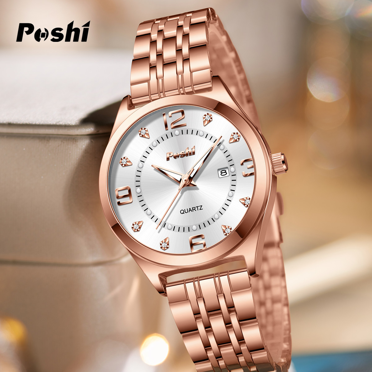 POSHI nuevo reloj para mujer, reloj con correa de acero, reloj impermeable para mujer, reloj de cuarzo de calendario, reloj para mujer