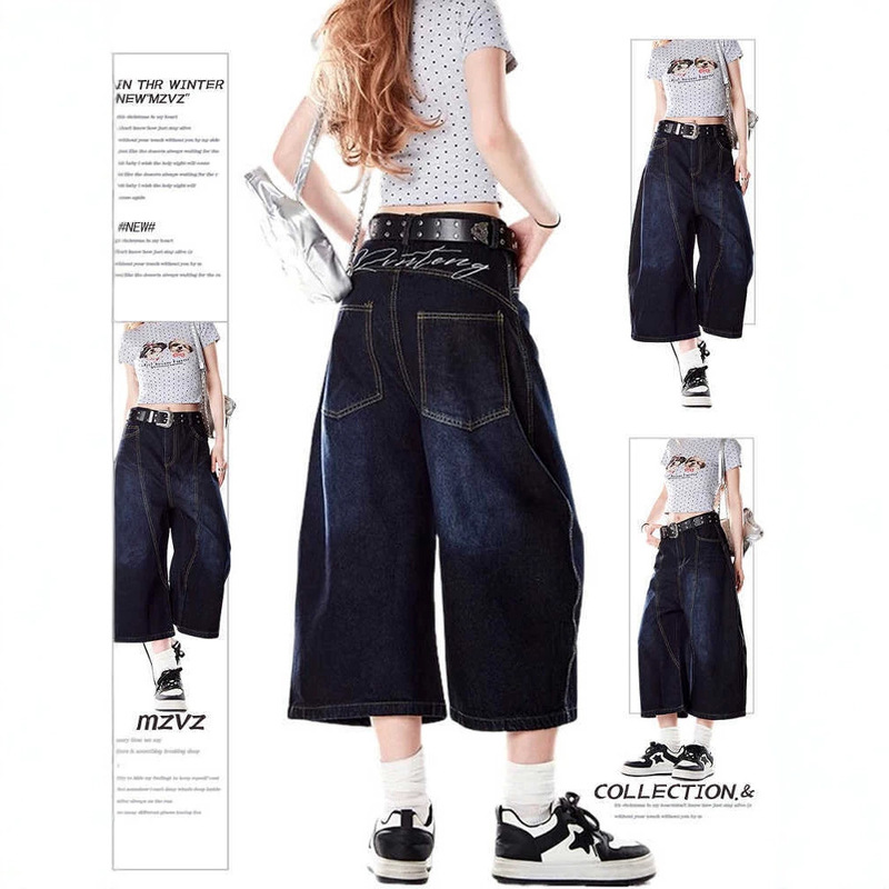 American Retro Style Embroidered Denim Capri Pants for Women, New Summer Loose Wide-Leg Mid-Length Shorts American Retro Style Embroidered Denim Capri Pants for Women, New Summer Loose Wide-Leg Mid-Length Shorts