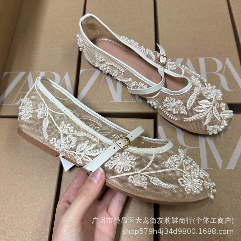 Za Home 2025 New Women's Shoes Spanish Embroider Fashion Low-Cut Embroidered Mesh Flats Women's Outer Ballet Shoes