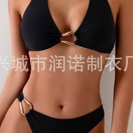 2026 New European and American Halter Neck Swimsuit High Waist Sexy Bikini Solid Color Swimsuit Women's Pool Party Push up Breast Support