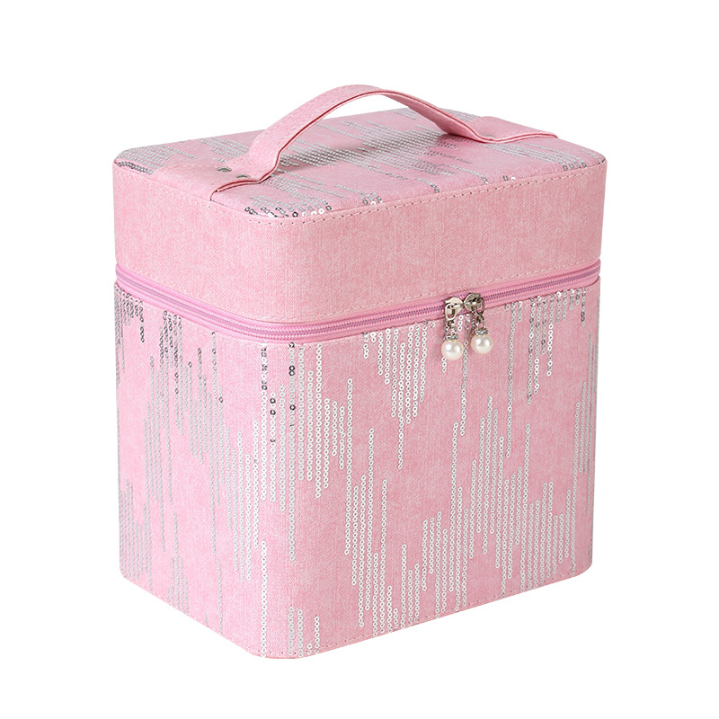 Bolsa de maquillaje coreana con patrón de vaqueros de gran capacidad para cajas de maquillaje femeninas de doble capa de gran estilo simple