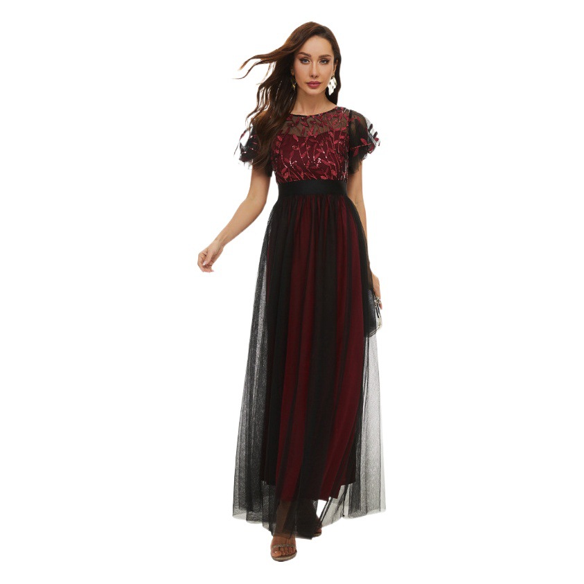 Vestido de lentejuelas manga corta cuello redondo pettiskirt vestido de noche cintura alta elegante dama de honor brindis vestido banquete ropa 115