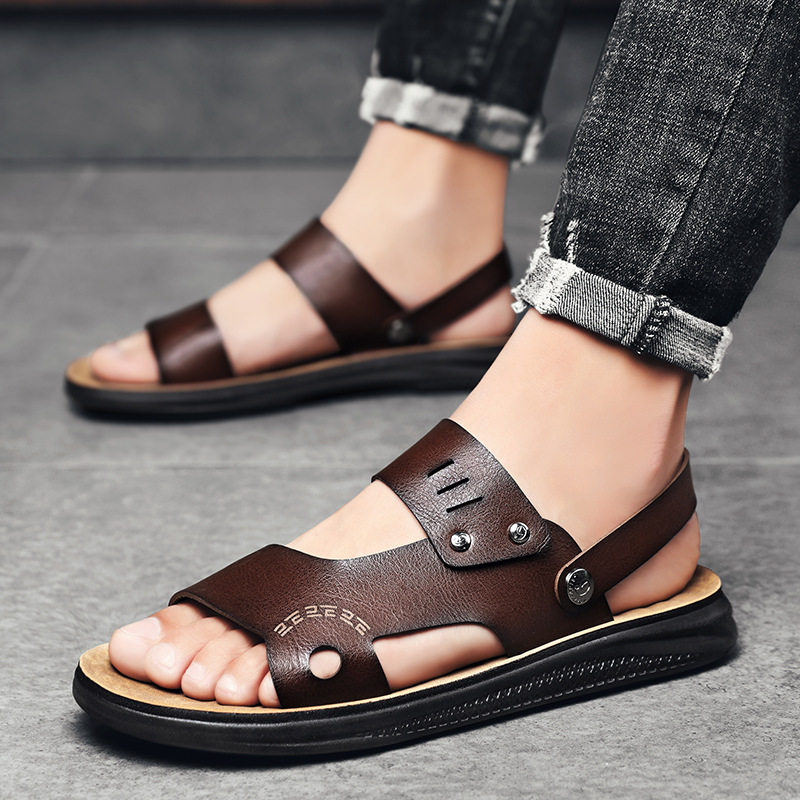 Dép sandal nam hở ngón quai ngang chất liệu da PU chống trơn trượt, size lớn đi ngoài trời và đi biển — Màu nâu, Màu đen