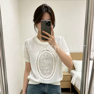 深圳南油女装D家新款重工字母刺绣圆领针织上衣修身显瘦T恤女