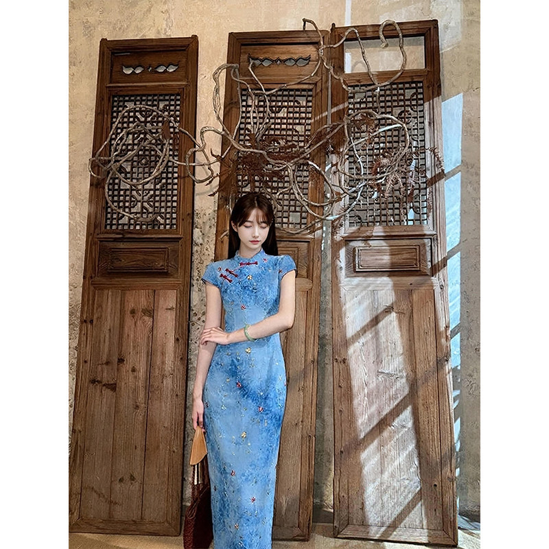 新中式国风【兰亭入梦】绣花旗袍连衣裙女夏钉珠晕染长裙日常可穿