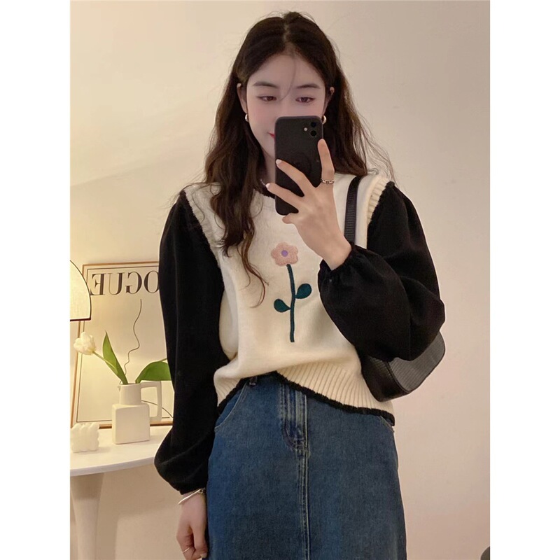 Special Offer # Sheep Velvet # Fake Two-Piece Design Chic Sweater for Women Spring and Autumn Round Neck Stitching Contrasting Color Knitted Top
