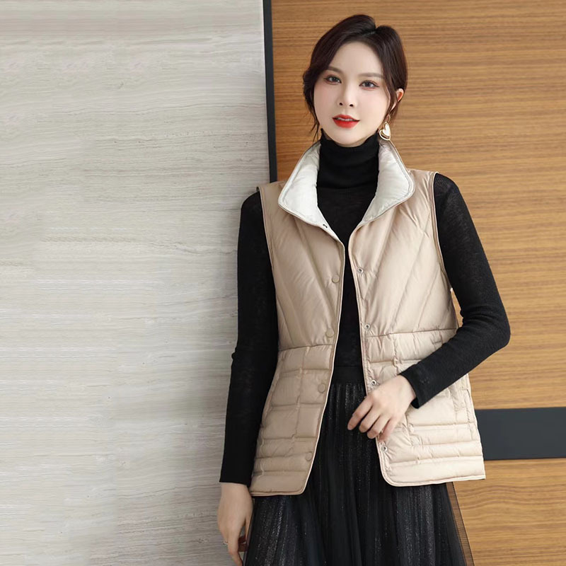 Cross-Border Autumn and Winter New Reversible Laminated down Jacket Vest for Women, Short Style with Stand Collar, Lightweight Korean Style Trendy Coat