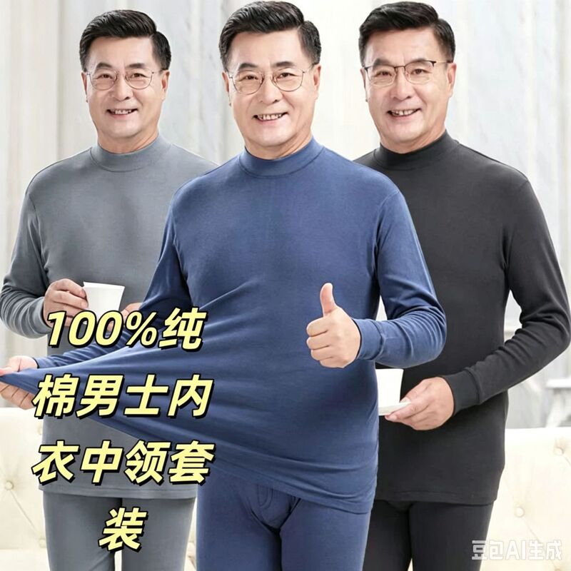 Men's cotton thermal underwear set for middle-aged and elderly, full cotton sweater with half-high collar, warm knit top and pants