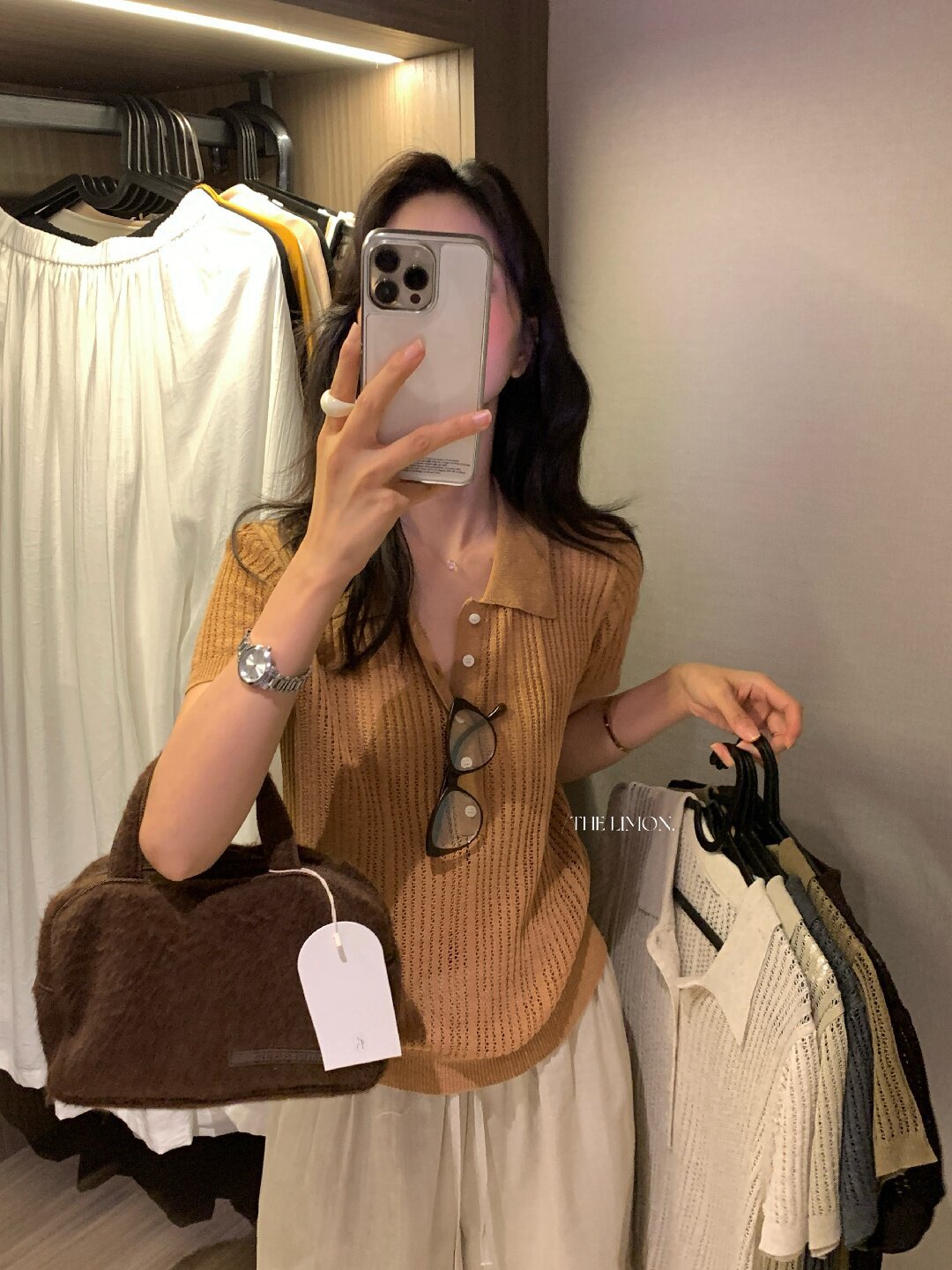 Áo thun polo nữ tay ngắn họa tiết ren Hàn Quốc 2026 mỏng nhẹ — màu nâu, Cà phê, xám đậm, Tên chi tiết 57