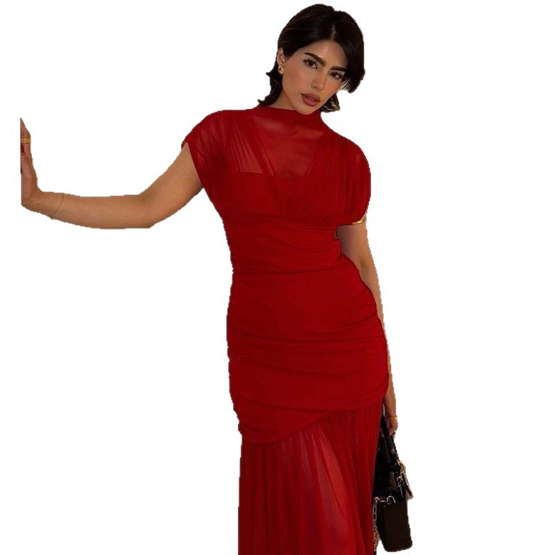 Amazon Europa y América transfronterizos ropa de mujer invierno nuevo sexy cintura cosida bolsa de malla vestido de cadera larga mujer image 5
