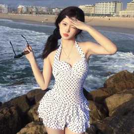 2025新款连体裙式波点甜美女孩泳衣女保守显瘦遮肉性感大胸聚拢