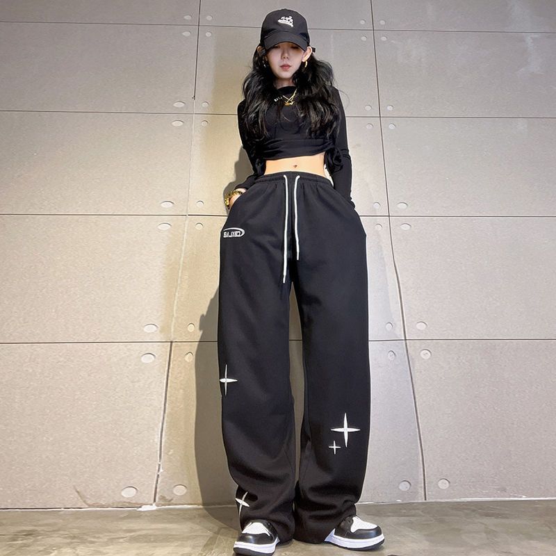 Black Original Classic Design Sense Personalized Printed Straight Trousers Dame Jazz All-Match Ins Sports Pants Black Original Classic Design Sense Personalized Printed Straight Trousers Dame Jazz All-Match Ins Sports Pants