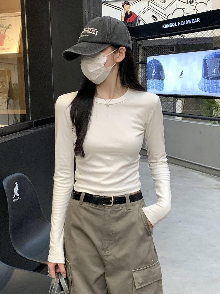 New Style Regular Shoulder Elastic Inner Layer Short Slim Fit Solid Color Round Neck Long Sleeve T-Shirt for Women