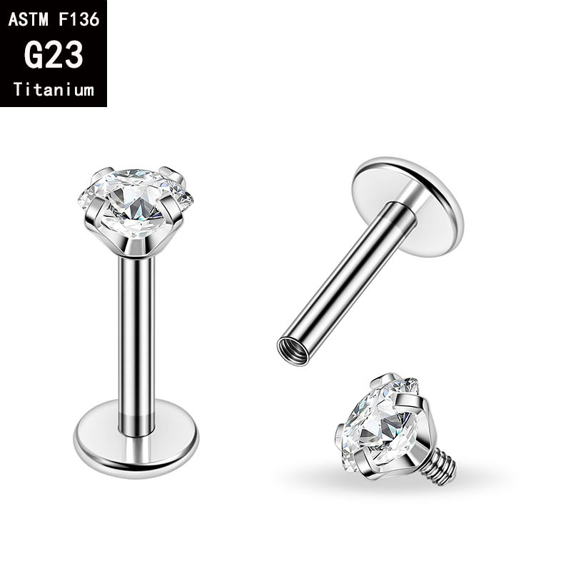 G23 Titanium Four Claw 5A White Stone Lip Nail, Replacement Head, Ear Bone Nail, External Thread Piercing Jewelry detail image 3