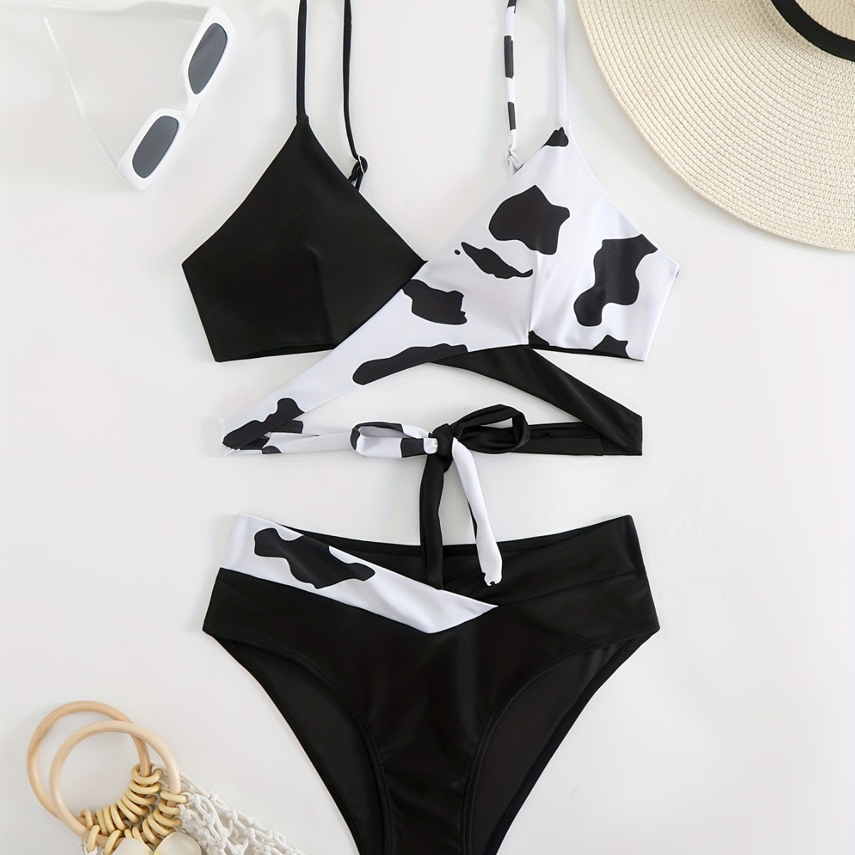 2025 Cross-Border New Split Swimsuit Women's European and American Sexy Strap Suspender Printed Bikini Color Matching Wholesale