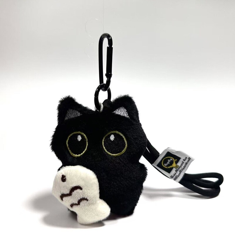 Fish-Hugging Black Cat Bag Pendant Accessories Cute School Bag Plush Doll Keychain Gift for Students and Couples
