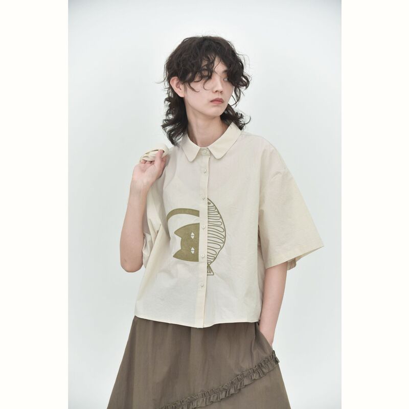 [Three and Two Out] Fun Patch Cat and Fish Creative Japanese Style Niche Summer New Short-Sleeved Shirt 36996 #