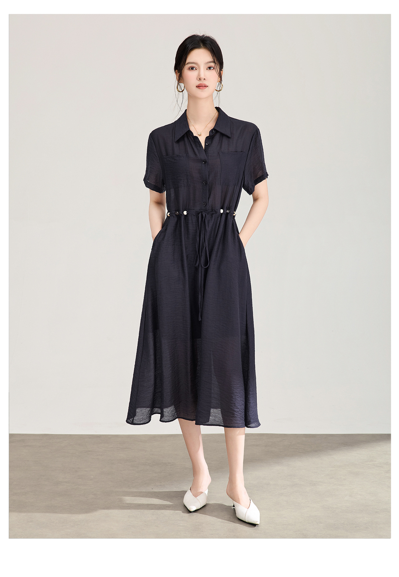 Đầm sơ mi nữ dáng suông chất liệu linen phối cườm nhẹ — màu xanh navy chi tiết 11