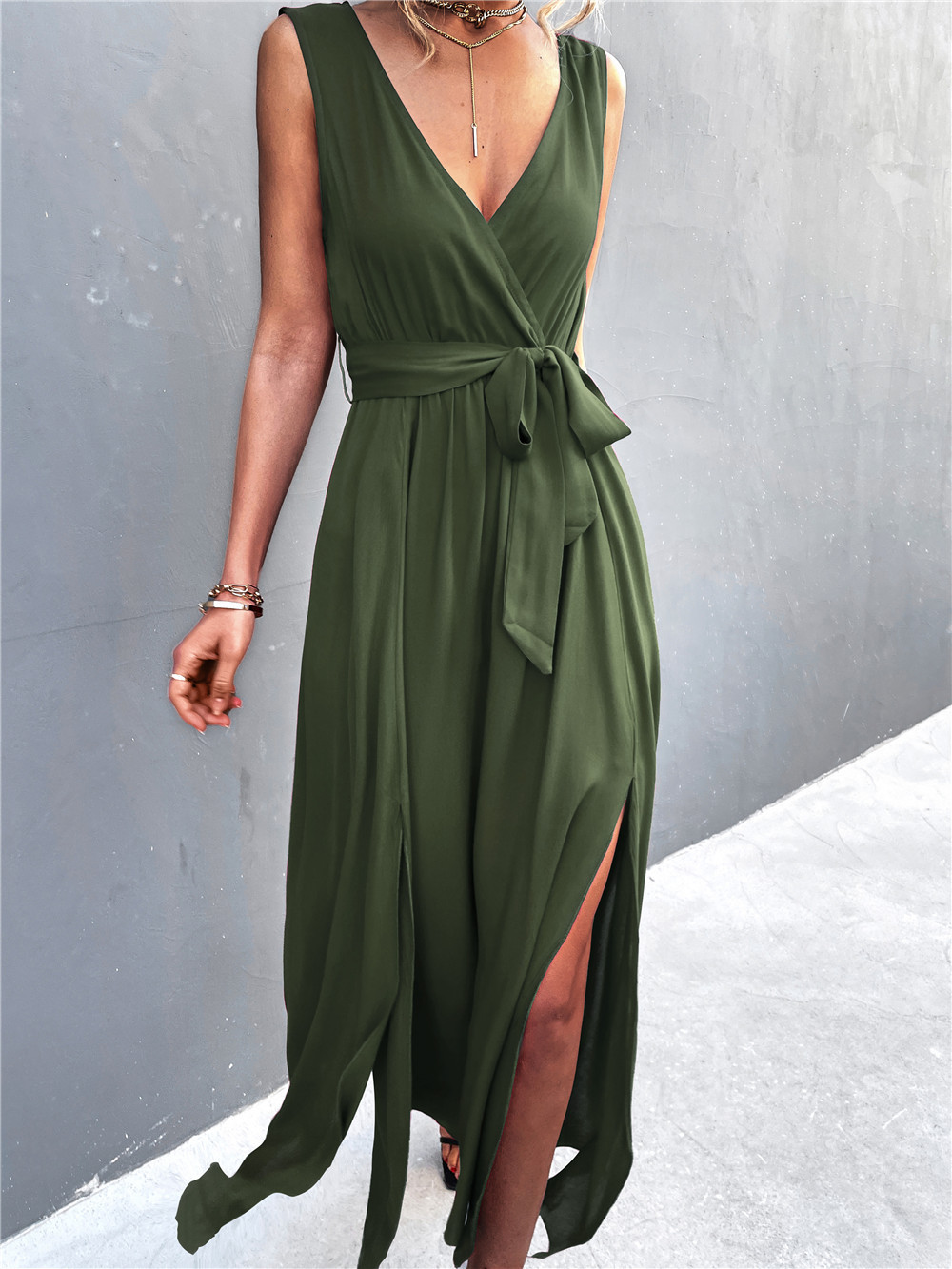 V-neck sleeveless slit lace-up solid color dress NSLNZ123422