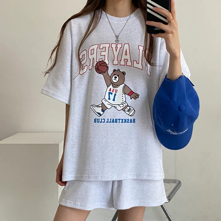 100% Cotton Cartoon suit Women's Foreign Trade Letter Short Sleeve Shorts Women's Summer Fashion South Korea Two-Piece Solid Color 100% Cotton Cartoon suit Women's Foreign Trade Letter Short Sleeve Shorts Women's Summer Fashion South Korea Two-Piece Solid Color