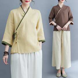 2025春夏款复古唐装汉服改良版茶人服女装禅修服禅意中式上衣女