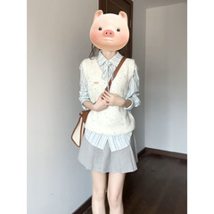 甘い学院風海塩チーズニットベスト馬甲セーター女子学生長袖ストライプシャツ2点セット