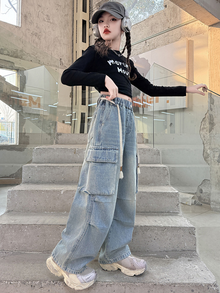 Mädchen-Stretch-Jeans für Kinder – Bequeme und stylische Hose mit hoher Taille und weitem Bein und elastischem Bund, modischer Stoff aus weicher Baumwollmischung_voghion.com