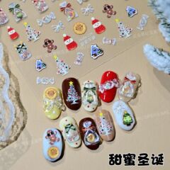 新款圣诞浮雕美甲贴纸贝壳光圣诞树糖果礼物雪人蝴蝶结指甲贴饰品