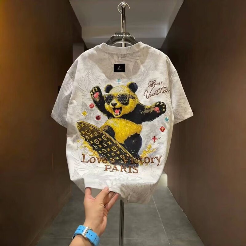2025 New Trendy Brand Panda Surfing Embroidered Maple Leaf All-Over Print Short-Sleeve T-Shirt for Men, Summer Loose Casual Breathable Half-Sleeve