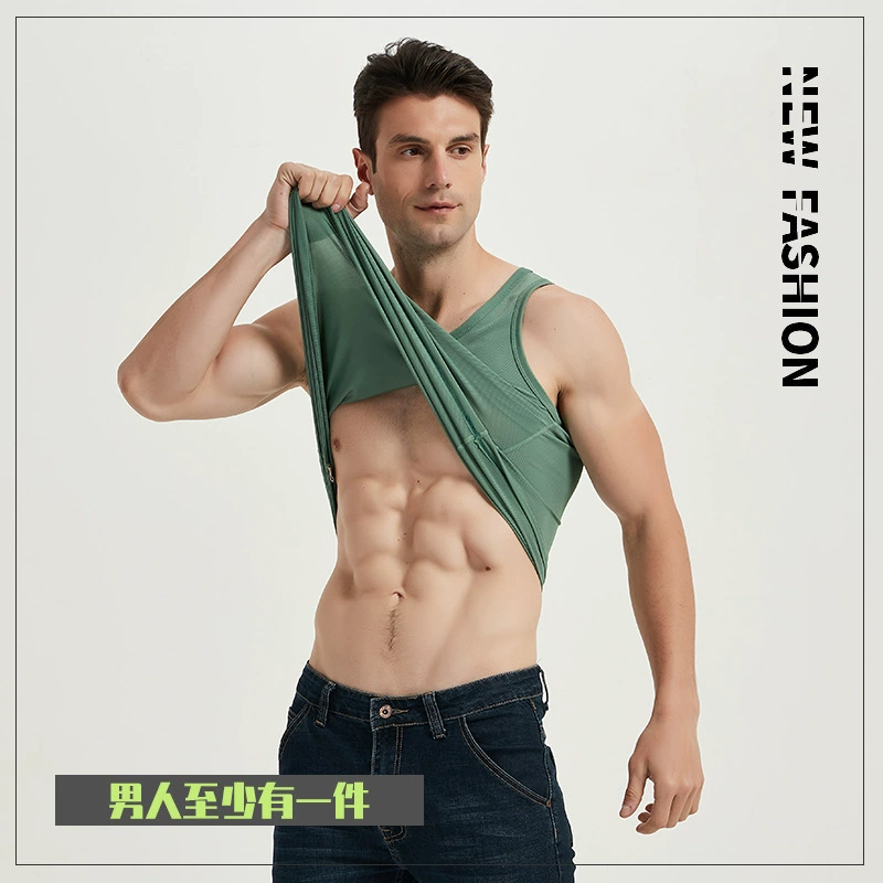 Жилет из ледяного шелка с резьбой, Мужская внутренняя одежда, летняя Базовая Спортивная Толстовка без рукавов, Мужская модная тонкая, больших размеров