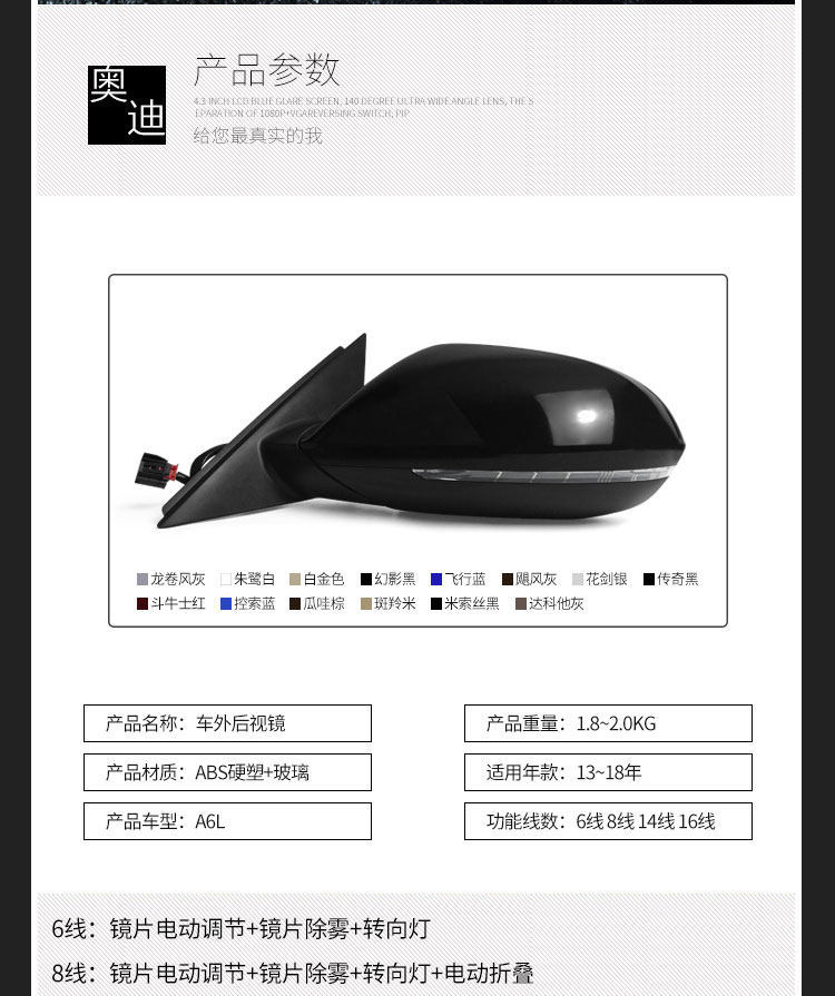 Suitable for Audi A6L Rearview Mirror Assembly, 2013 to 2018 Models, Left and Right Side Mirrors, Complete Set of Flat Mirrors