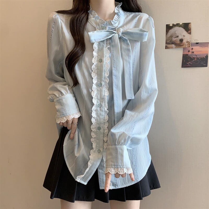 Lace-Trimmed Bowknot Light Blue Long-Sleeve Shirt for Women, Early Autumn Plus-Size French-Style Youthful Top