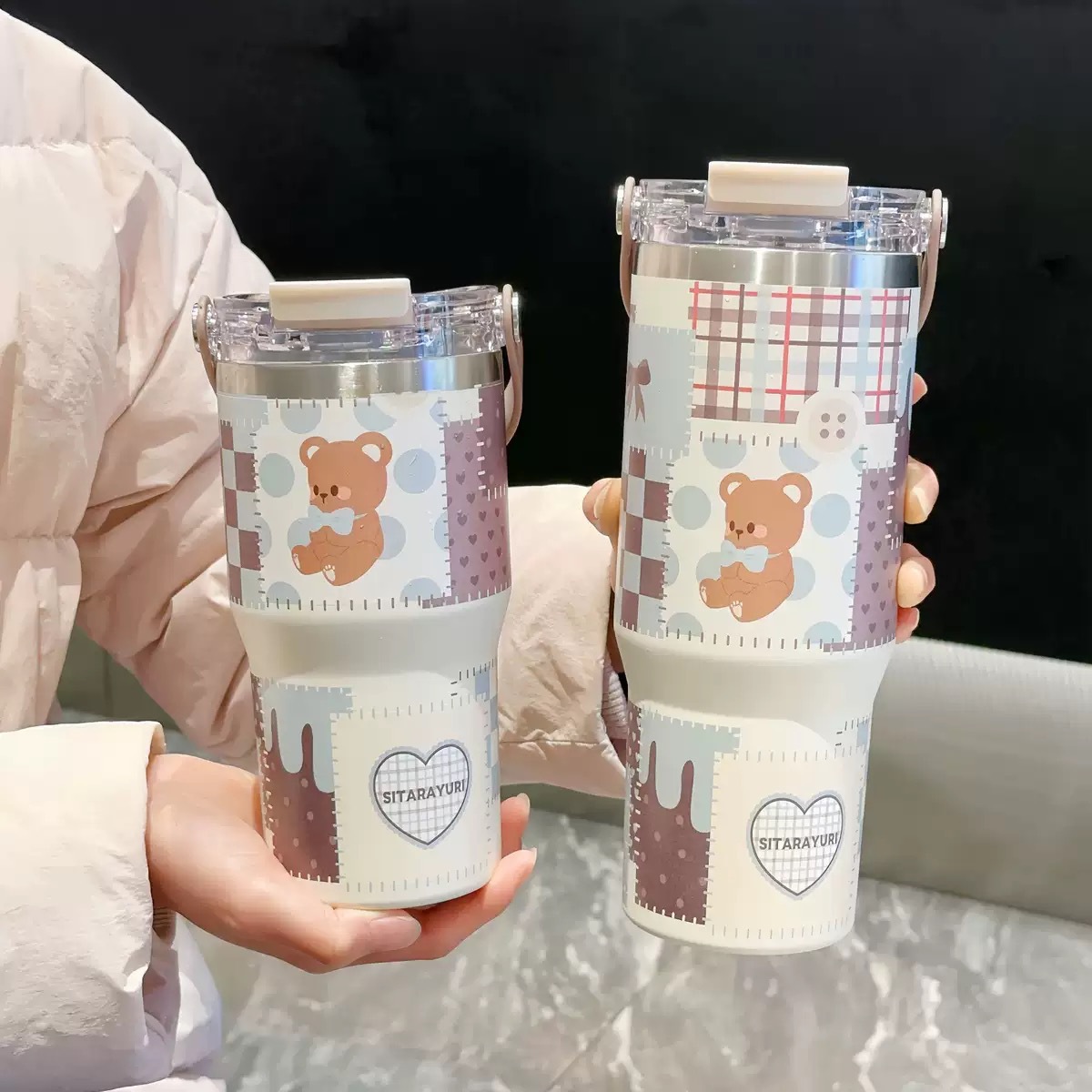 SITARAYURI doble bebida refrescante portátil 3D de dibujos animados taza de hielo de acero inoxidable de gran capacidad taza de aislamiento térmico portátil taza de coche image 8